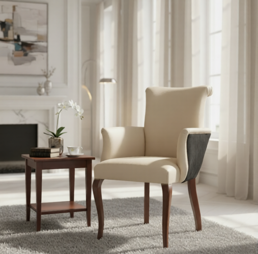 Luxury High Back Upholstered Dining Armchair in Cream Beige with Walnut Wood Legs and Contrast Panel by Luxury Group International