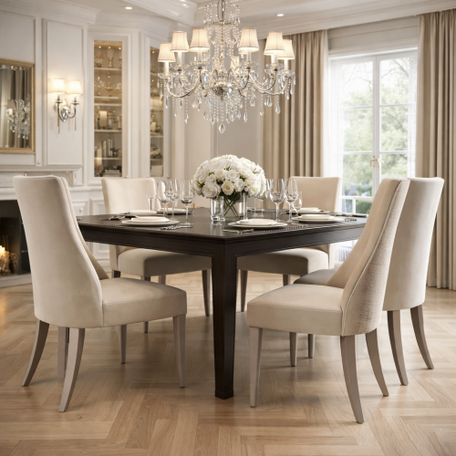 Luxury High Back Upholstered Dining Chair in Champagne Cream with Light Greige Wooden Legs by Luxury Group International
