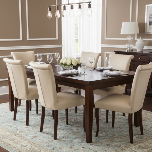 Luxury High Back Upholstered Dining Chair in Cream Beige with Sculpted Walnut Legs by Luxury Group International