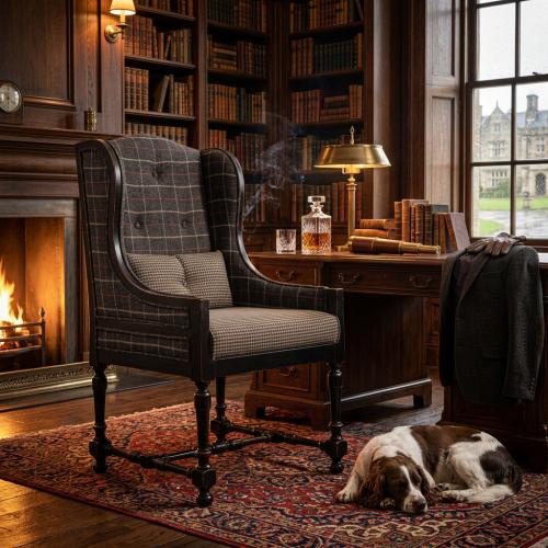 Luxury Highland Wingback Upholstered Armchair with Checkered Fabric - Living Room Furniture Lifestyle View by Luxury Group International