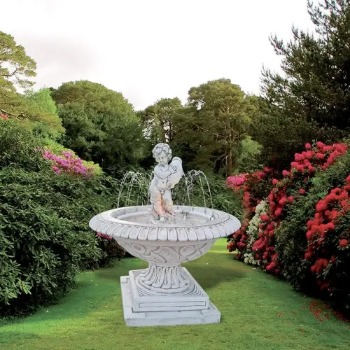 Luxury Illuminated Baroque Cherub Water Fountain with Circular Sculpted Basin & Pedestal Base - Baroque Fountain Front View by Luxury Group International