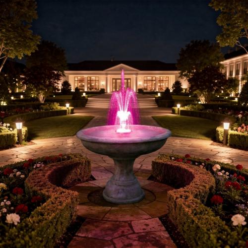 Luxury Illuminated Baroque Plate Basin Water Fountain with Central Spray & Pedestal Base - Baroque Fountain Lifestyle View by Luxury Group International