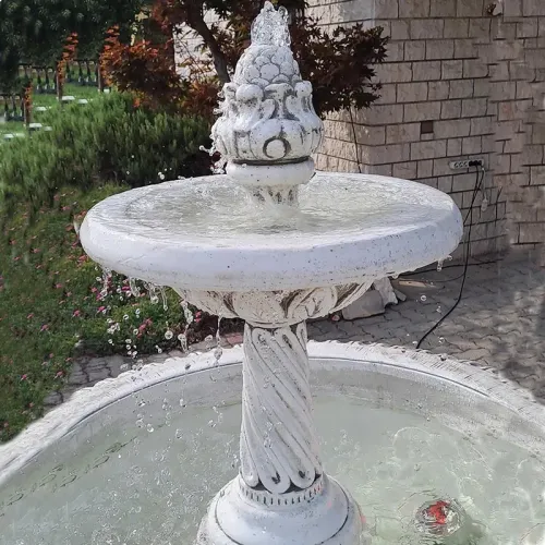 Luxury Illuminated Baroque Tiered Water Fountain with Sculpted Basin & Twisted Column Pedestal - Baroque Fountain Detail View by Luxury Group International