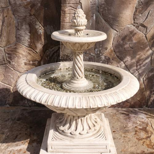 Luxury Illuminated Baroque Tiered Water Fountain with Sculpted Basin & Twisted Column Pedestal - Baroque Fountain Front View by Luxury Group International