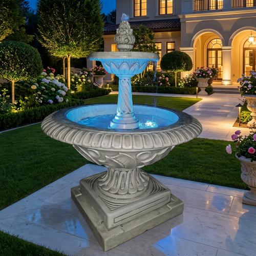 Luxury Illuminated Baroque Tiered Water Fountain with Sculpted Basin & Twisted Column Pedestal - Baroque Fountain Lifestyle View by Luxury Group International