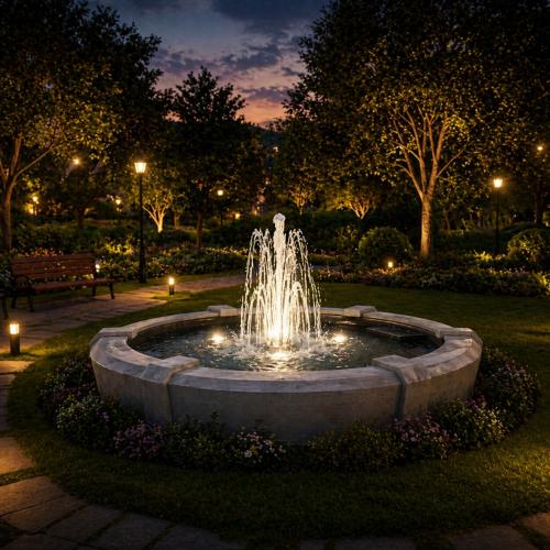 Fuente Barroca Circular Iluminada de Piedra Gris Claro con Sistema de Chorros Multi-Arco - Fuente Barroca Vista lifestyle por Luxury Group International