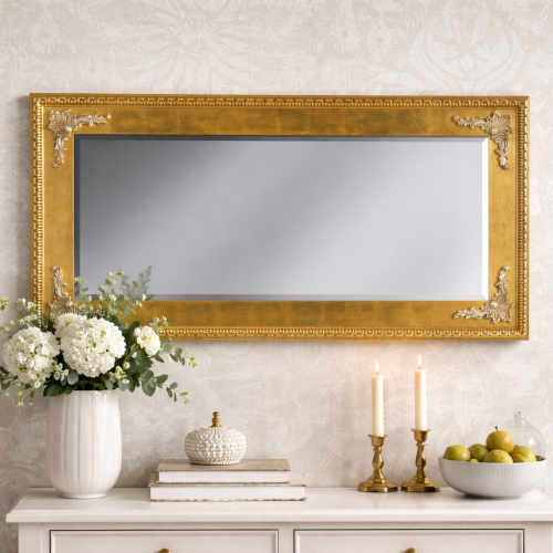 Luxus imperialer Gold-Barock-Wandspiegel mit skulptierten Blattecken und verziertem Perlenrahmen – 193 CM von Luxury Group International