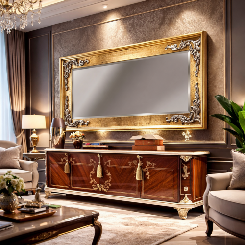 Luxus imperialer Gold-Barock-Wandspiegel mit silbernen, skulptierten Blattecken und verziertem Perlenrahmen - 190 CM von Luxury Group International