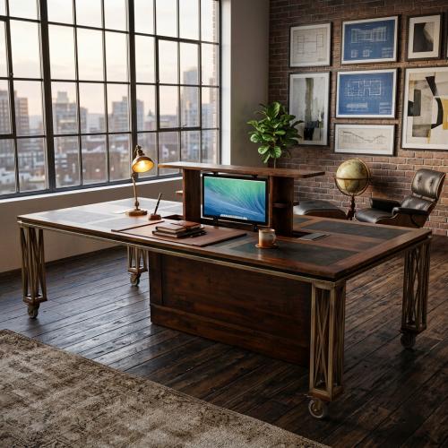 Luxury Industrial Executive Office Desk with Integrated Monitor Lift Mechanism - Office Furniture Lifestyle View by Luxury Group International