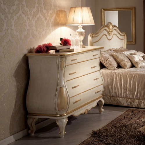 Luxury Ivory Baroque Chest of Drawers with Gold Accent with Curved Multi Drawer Storage Lifestyle View by Luxury Group International