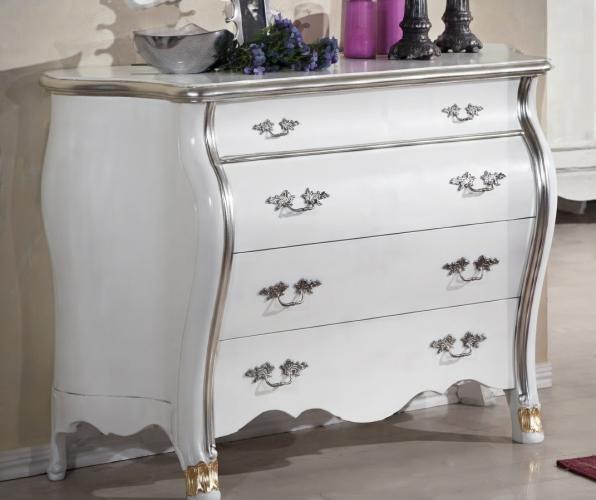 Luxury Ivory Baroque Chest of Drawers with Metallic Trim & Sculpted Silver Leaf Handles - Multi-Drawer Storage Front View by Luxury Group International