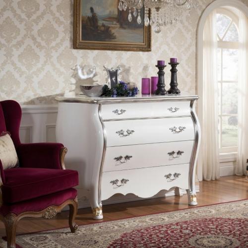 Luxury Ivory Baroque Chest of Drawers with Metallic Trim & Sculpted Silver Leaf Handles - Multi-Drawer Storage Lifestyle View by Luxury Group International