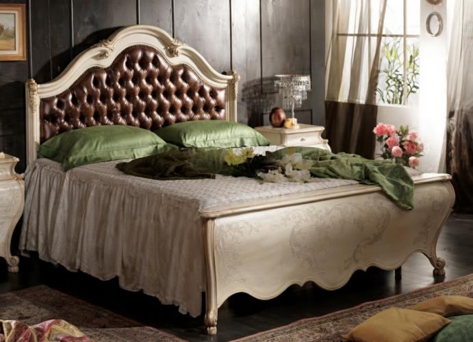 Luxury Ivory Baroque Double Bed with Brown Leather Button-Tufted Headboard & Gold Leaf Ornamental Curved Frame Front View by Luxury Group International