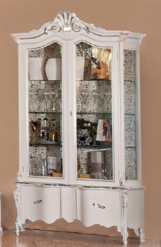 Luxury Ivory Baroque Double Door Glass Display Cabinet with Sculpted Crown Crest & Decorative Storage Base Front View by Luxury Group International