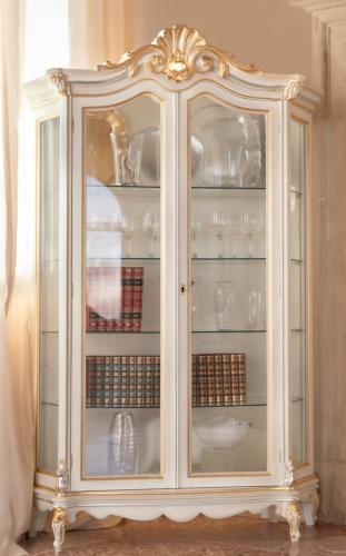 Luxury Ivory Baroque Double Door Glass Display Cabinet with Sculpted Crown Crest & Golden Trim Accents Front View by Luxury Group International