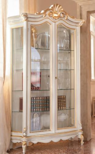 Luxury Ivory Baroque Double Door Glass Display Cabinet with Sculpted Crown Crest & Golden Trim Accents Side View by Luxury Group International