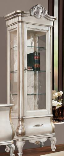 Luxury Ivory Baroque Glass Display Cabinet in Silver Accent with Sculpted Crest & Curved Storage Base Front View by Luxury Group International