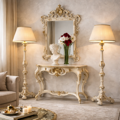 Set Consolle con Specchio Barocco di Lusso Avorio con Corona in Foglia d'Oro e Dettaglio di Crest Floreale Ornato - Mobili Barocchi Vista lifestyle di Luxury Group International