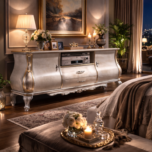 Luxury Ivory Baroque Sideboard with Metallic Accents - Open Display Shelve & Multi Storage Cabinet Lifestyle View by Luxury Group International