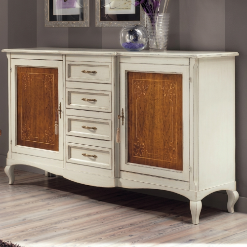 Luxury Ivory Baroque Sideboard with Walnut Inlay Door Panels & Multi Drawer Storage - Baroque Furniture Front View by Luxury Group International