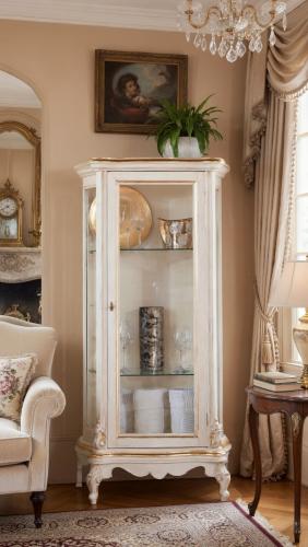 Luxury Ivory Baroque Single Door Glass Display Cabinet with Golden Trim & Sculpted Legs Lifestyle View by Luxury Group International