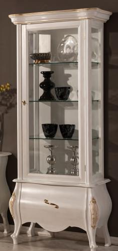 Luxury Ivory Baroque Single Door Glass Display Cabinet with Golden Trim & Single Drawer Storage Unit Front View by Luxury Group International