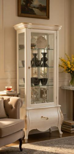 Luxury Ivory Baroque Single Door Glass Display Cabinet with Golden Trim & Single Drawer Storage Unit Lifestyle View by Luxury Group International