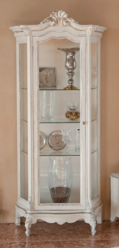 Luxury Ivory Baroque Single Door Glass Display Cabinet with Sculpted Crown Pediment Front View by Luxury Group International