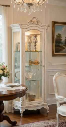 Luxury Ivory Baroque Single Door Glass Display Cabinet with Sculpted Crown Pediment Lifestyle View by Luxury Group International