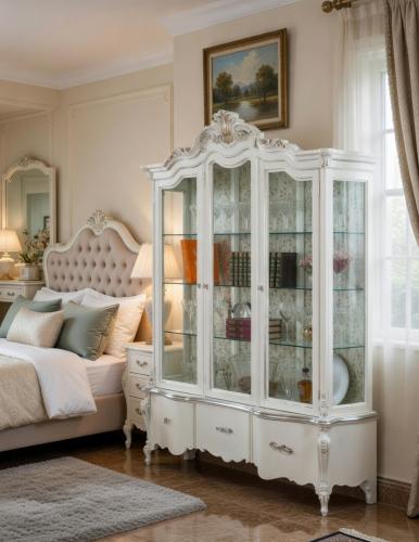 Luxus Elfenbeinfarbener Barock-Glasvitrinenschrank mit Drei Türen, Skulptiertem Kronenwappen & Stauraum-Konsolenbasis Lifestyle-Ansicht von Luxury Group International
