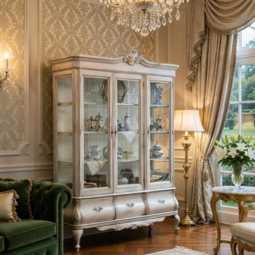 Luxury Ivory Baroque Triple Door Glass Display Cabinet with Sculpted Crest & Curved Storage Base Lifestyle View by Luxury Group International