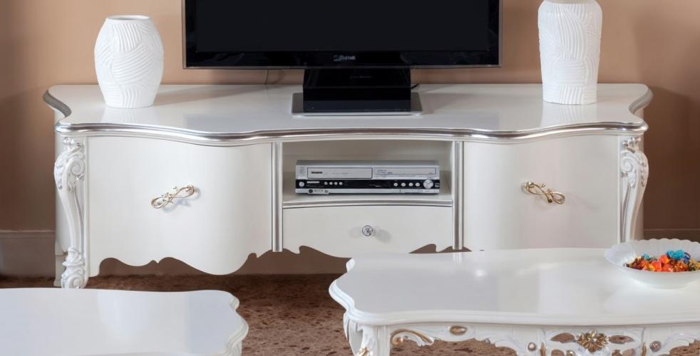 Luxury Ivory Baroque TV Console with Open Display Shelf Drawer & Carved Storage Panels – 185 CM Front View by Luxury Group International