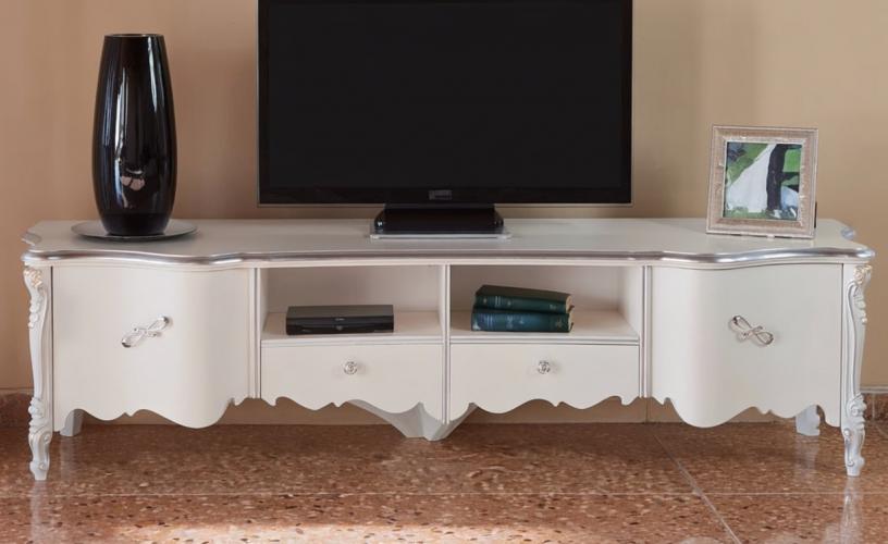 Console TV baroque en ivoire de luxe avec étagères ouvertes, double tiroir et panneaux de rangement sculptés – 245 CM Vue de face par Luxury Group International