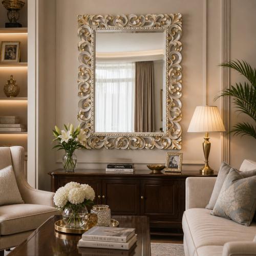 Luxury Ivory Baroque Wall Mirror with Hand-Gilded Scroll Frame and Beaded Inner Trim - Baroque Mirror Lifestyle View by Luxury Group International