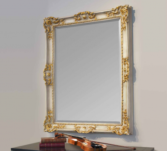 Luxury Ivory Baroque Wall Mirror with Open Carved Gold Ornaments and Scrolled Side Details by Luxury Group International