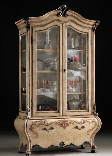 Luxury Ivory Baroque Wooden Double Door Glass Display Cabinet & Curved Storage Base with Floral Motifs Front View by Luxury Group International