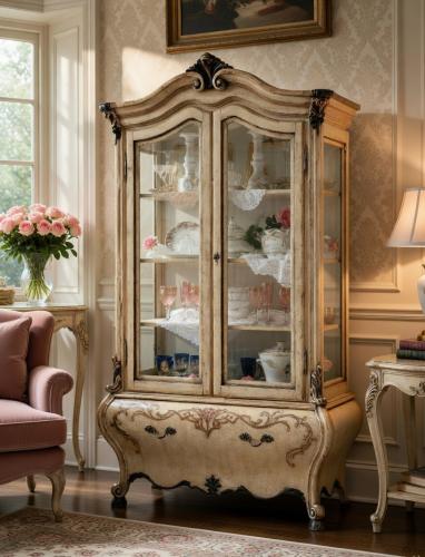 Luxury Ivory Baroque Wooden Double Door Glass Display Cabinet & Curved Storage Base with Floral Motifs Lifestyle View by Luxury Group International