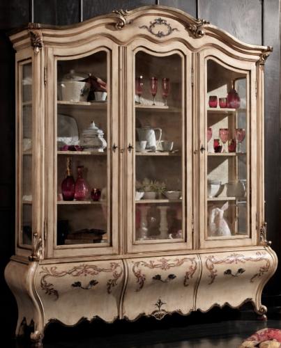 Luxury Ivory Baroque Wooden Triple Door Glass Display Cabinet & Curved Drawer Base with Decorative Floral Motifs Front View by Luxury Group International