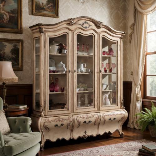 Luxury Ivory Baroque Wooden Triple Door Glass Display Cabinet & Curved Drawer Base with Decorative Floral Motifs Lifestyle View by Luxury Group International