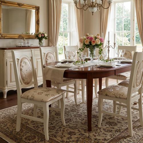 Chaise de Salle à Manger de Luxe Ivoire avec Tissu Floral et Dossier Décoratif Ovale Vue lifestyle par Luxury Group International