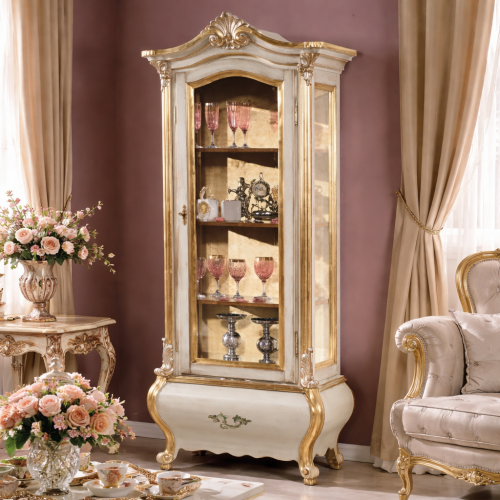 Luxury Ivory & Gold Baroque Glass Display Cabinet with Ornate Crown Crest & Curved Cabriole Base Lifestyle View by Luxury Group International