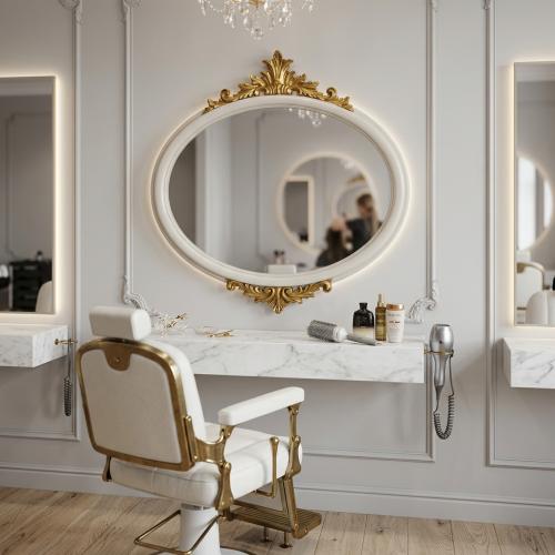 Luxury Ivory Oval Baroque Wall Mirror with Dual Gold Acanthus Crest - Baroque Mirror Lifestyle View by Luxury Group International