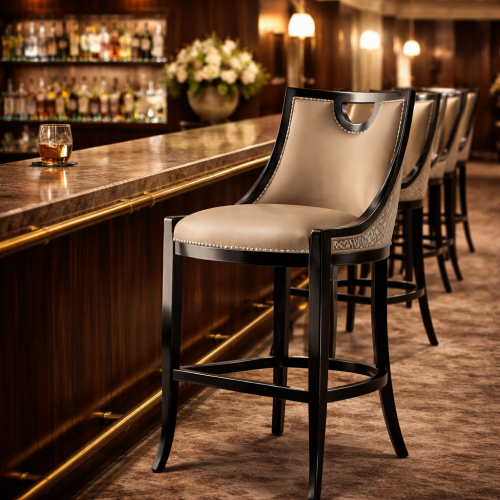 Luxury Ivory Upholstered Bar Stool with Sculpted Ebony Frame and Architectural Back Detail by Luxury Group International