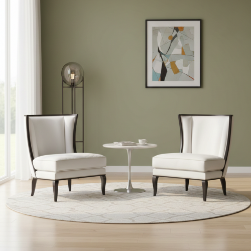 Luxury Ivory Upholstered Wingback Slipper Chair with Black Wood Trim and Cabriole Legs by Luxury Group International