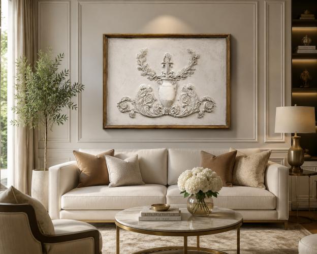 Luxus Elfenbein-Wandkunst mit klassischer Urne & Lorbeerrelief im antikgoldenen Rahmen von Luxury Group International