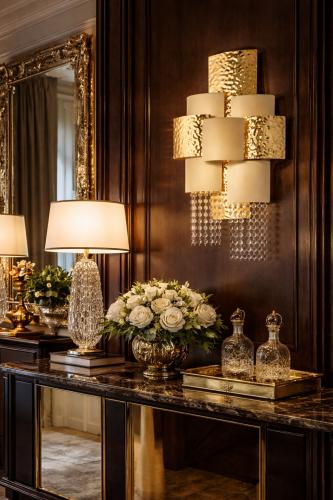 Luxury Layered Square Art Deco Geometric Brass Crystal Fringe Wall Lamp by Luxury Group International