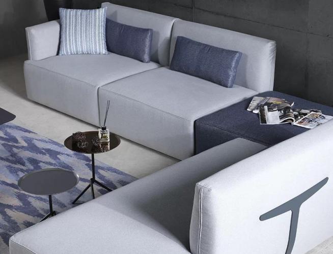 Luxury Light Grey Modular Corner Sofa with Navy Blue Ottoman – Modern Sectional Luxury Sofa by Luxury Group International