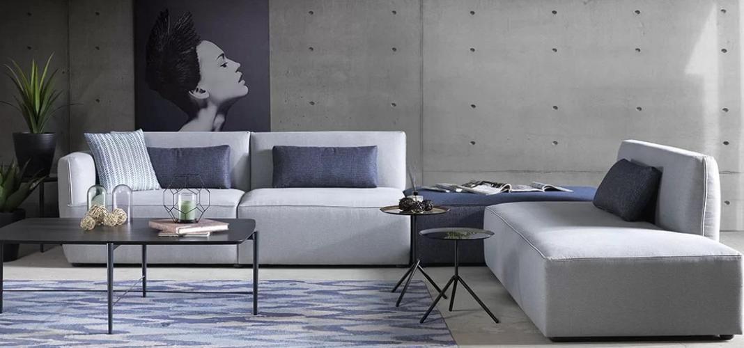 Luxury Light Grey Modular Corner Sofa with Navy Blue Ottoman – Modern Sectional Luxury Sofa by Luxury Group International