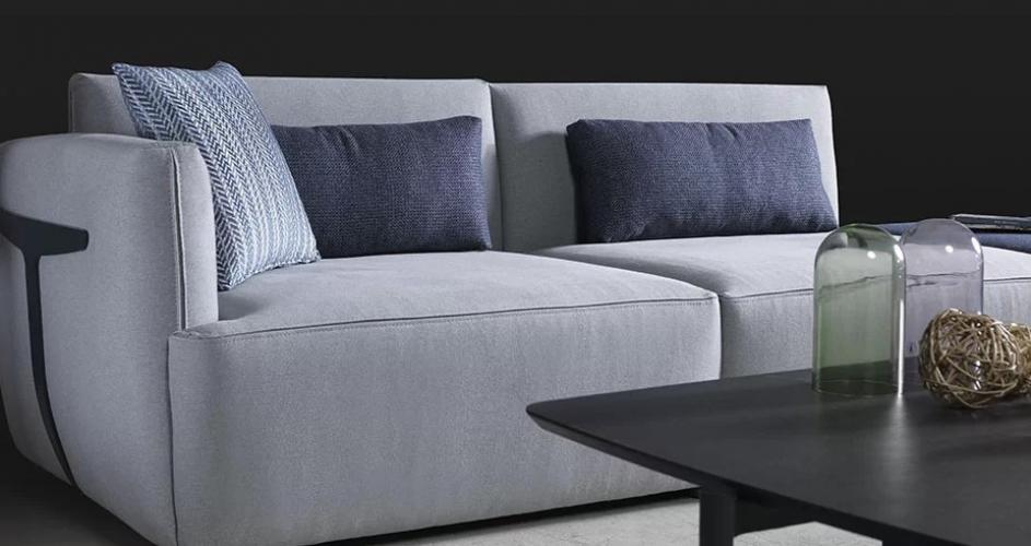 Luxury Light Grey Modular Corner Sofa with Navy Blue Ottoman – Modern Sectional Luxury Sofa by Luxury Group International