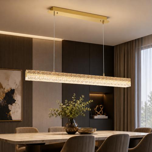 Luxus Linear Kronleuchter aus glänzendem Goldmetall mit Kristallprisma-Lichtleiste von Luxury Group International